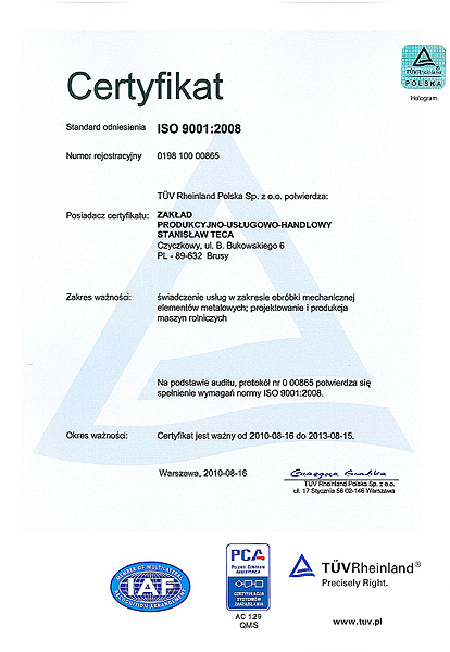Certyfikat jakości firmy TECA